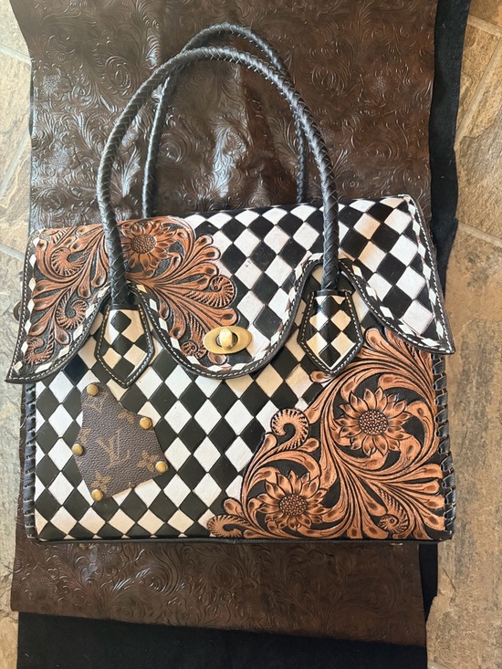 Hand Crafted Handbags - Hand Crafted Black & White Checkered Satchel with Brown Floral Tooled Accents